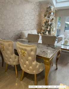 Louis Cream & Gold Pandora Dining Table With Gold Legs Sintered  Top + 4 Cream Giselle Dining Chairs