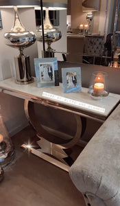 Arianna White & Grey Marble & Stainless Steel Circular Base Console Table 120cm x 40cm x 75cm