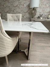 Load image into Gallery viewer, Luca 1.6 Chrome Dining Table with Ice White Sintered With 2 Ivory Chelsea Dining Chairs Stone Top