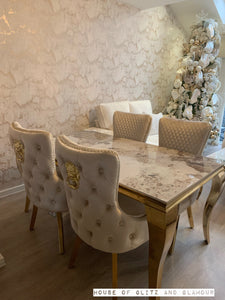 Louis Cream & Gold Pandora Dining Table With Gold Legs Sintered  Top + 4 Cream Giselle Dining Chairs