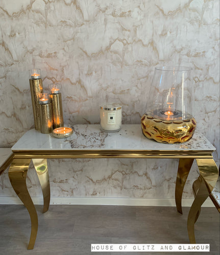 Louis Cream Console Table With Gold Legs And Sintered Pandora Top 140cm x 40cm x 75cm