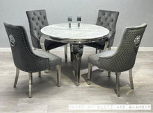 Load image into Gallery viewer, Louis Grey 110cm Marble &amp; Stainless Steel Dining Table With 4 Dining Chairs