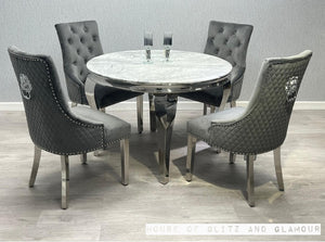 Louis Grey 110cm Marble & Stainless Steel Dining Table With 4 Dining Chairs