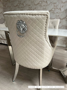 Chelsea Ivory With Chrome Legs Quilted French Velvet Lion Head Knocker Back Dining Chair