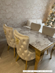 Louis Cream & Gold Pandora Dining Table With Gold Legs Sintered  Top + 4 Cream Giselle Dining Chairs
