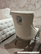 Load image into Gallery viewer, Chelsea Ivory With Chrome Legs Quilted French Velvet Lion Head Knocker Back Dining Chair