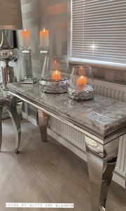 Louis Silver Marble & Stainless Steel Console Table 140cm x 40cm x 75cm