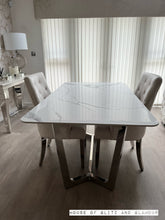 Load image into Gallery viewer, Luca 1.6 Chrome Dining Table with Ice White Sintered With 2 Ivory Chelsea Dining Chairs Stone Top