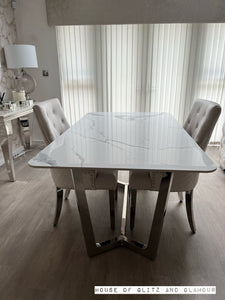 Luca 1.6 Chrome Dining Table with Ice White Sintered With 2 Ivory Chelsea Dining Chairs Stone Top