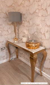 Louis Cream Console Table With Gold Legs And Sintered Pandora Top 140cm x 40cm x 75cm