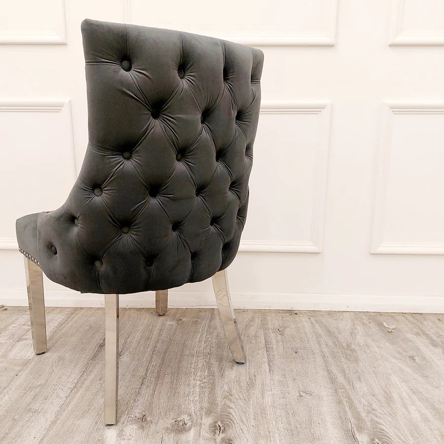 Bentley Dark Grey Velvet Studded Back Chrome Leg Dining Chair