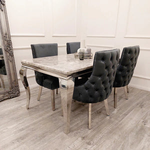 Louis 1.5 Dark Grey Marble Dining Table Set & Bentley Light Grey Velvet Studded Back Chrome Leg Dining Chair