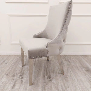 Bentley Light Grey Velvet Studded Back Chrome Leg Dining Chair