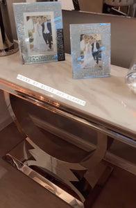 Arianna White & Grey Marble & Stainless Steel Circular Base Console Table 120cm x 40cm x 75cm