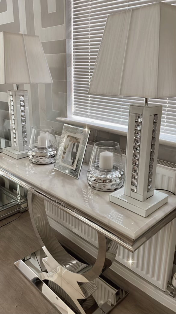 Arianna White & Grey Marble & Stainless Steel Circular Base Console Table 120cm x 40cm x 75cm