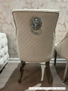 Chelsea Ivory With Chrome Legs Quilted French Velvet Lion Head Knocker Back Dining Chair