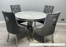 Load image into Gallery viewer, Louis Grey 110cm Marble &amp; Stainless Steel Dining Table With 4 Dining Chairs