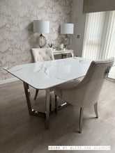 Load image into Gallery viewer, Luca 1.6 Chrome Dining Table with Ice White Sintered With 2 Ivory Chelsea Dining Chairs Stone Top