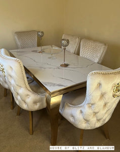 Louis Ice White And Grey Dining Table With Gold Legs Sintered  Top + 4 Cream Giselle Dining Chairs