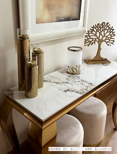 Louis Cream Console Table With Gold Legs And Sintered Pandora Top 140cm x 40cm x 75cm