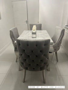 1.2m Louis White & Grey Marble & Stainless Steel Dining Table With 4 Bentley Dining Chairs