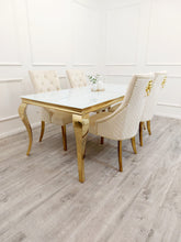 Load image into Gallery viewer, Chelsea Cream With Gold Legs Quilted French Velvet Lion Head Knocker Back Dining Chair