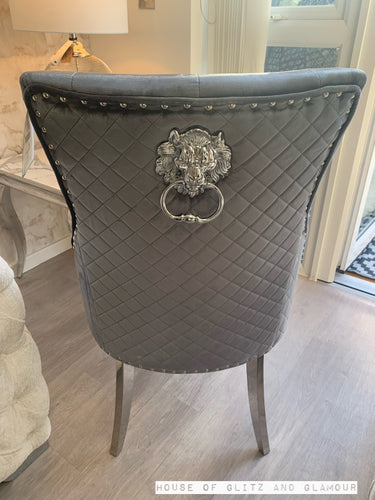 Chelsea Silver Shimmer Velvet Lion Knocker Dining Chair