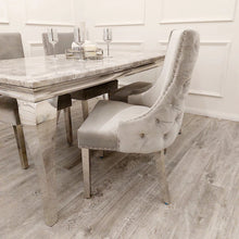 Load image into Gallery viewer, Louis 1.5 Light Grey Marble Dining Table Set &amp; Bentley Light Grey Velvet Studded Back Chrome Leg Dining Chair