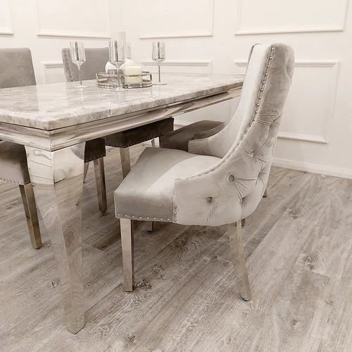 Louis 1.5 Light Grey Marble Dining Table Set & Bentley Light Grey Velvet Studded Back Chrome Leg Dining Chair