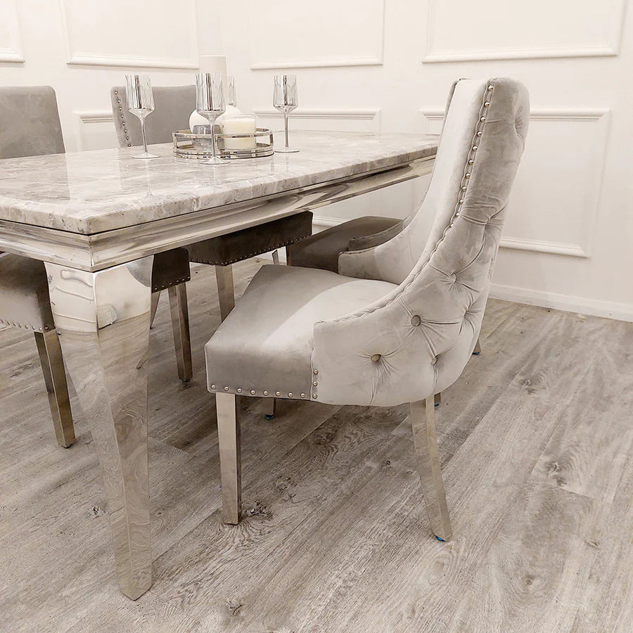 Grey velvet studded discount dining chairs