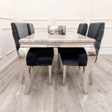 Load image into Gallery viewer, Louis 1.5 Dark Grey Marble Dining Table Set &amp; Bentley Light Grey Velvet Studded Back Chrome Leg Dining Chair