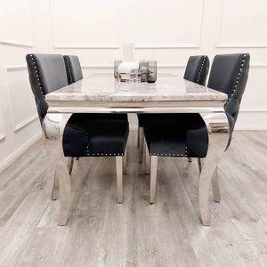 Louis 1.5 Dark Grey Marble Dining Table Set & Bentley Light Grey Velvet Studded Back Chrome Leg Dining Chair