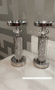 2 x Crushed Diamond Crystal Pillar Candle Holders