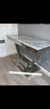 Load image into Gallery viewer, Arianna Grey Marble &amp; Stainless Steel Circular Base Console Table 120cm x 40cm x 75cm