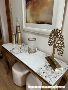 Louis Cream Console Table With Gold Legs And Sintered Pandora Top 140cm x 40cm x 75cm