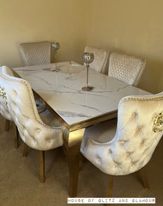 Louis Ice White And Grey Dining Table With Gold Legs Sintered  Top + 6 Cream Giselle Dining Chairs