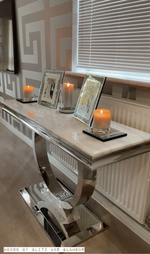 Arianna White & Grey Marble & Stainless Steel Circular Base Console Table 120cm x 40cm x 75cm