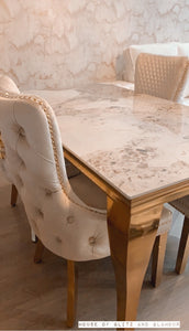 Louis Cream & Gold Pandora Dining Table With Gold Legs Sintered  Top + 4 Cream Giselle Dining Chairs