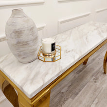 Load image into Gallery viewer, Louis Gold Console Table with Ivory Smoke Marble Top