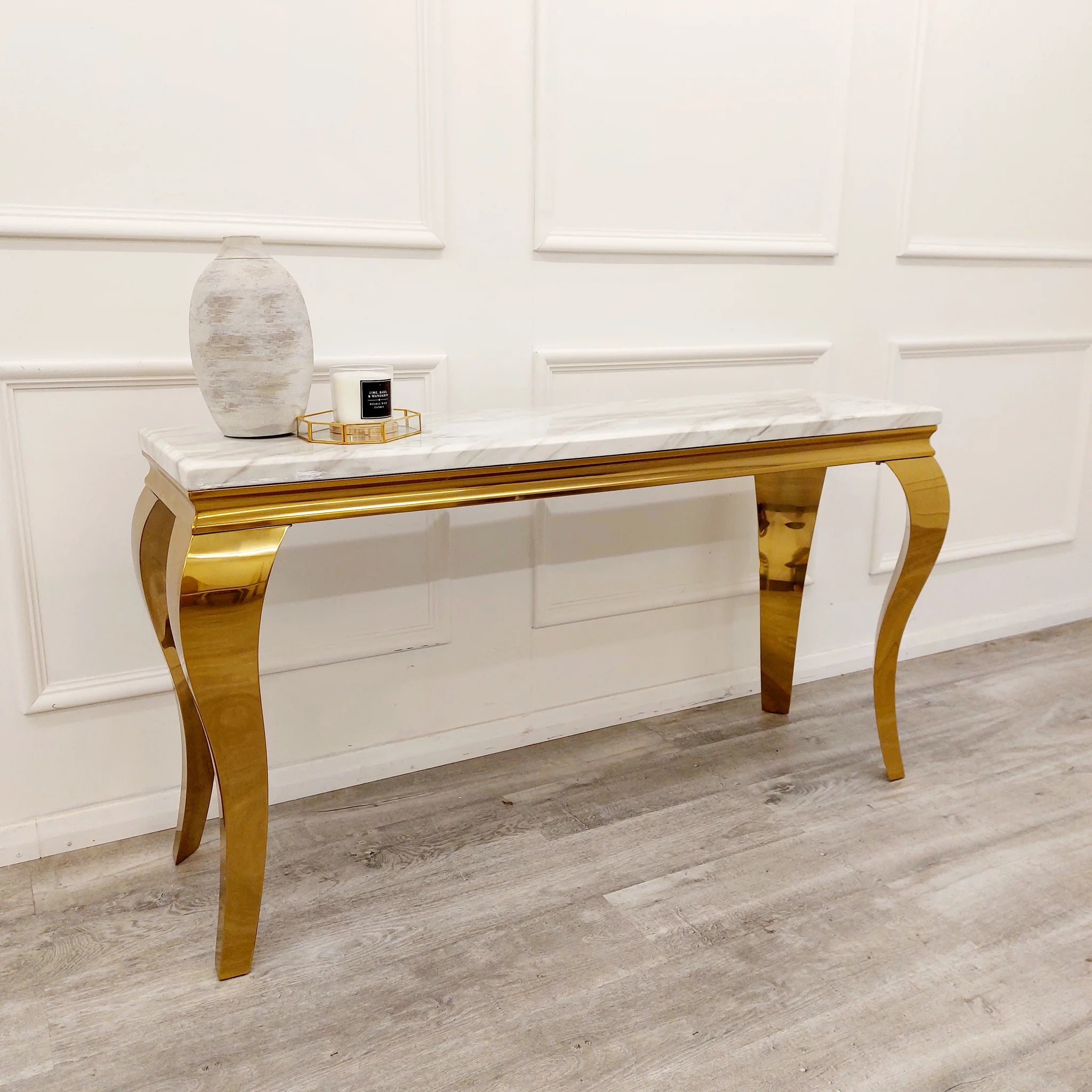 Louis Gold Console Table with Ivory Smoke Marble Top The House