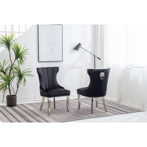 Quilted French Velvet Wing Back Lion Head Knocker Chrome Leg Dining Chair - Black
