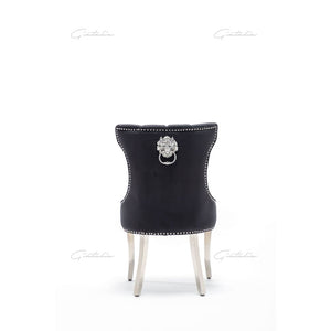 Quilted French Velvet Wing Back Lion Head Knocker Chrome Leg Dining Chair - Black