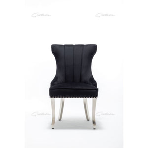 Quilted French Velvet Wing Back Lion Head Knocker Chrome Leg Dining Chair - Black