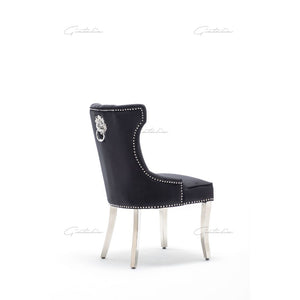Quilted French Velvet Wing Back Lion Head Knocker Chrome Leg Dining Chair - Black