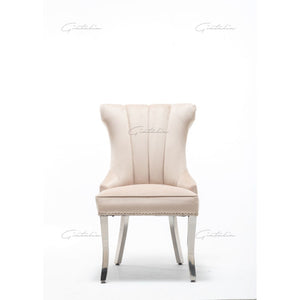 Quilted French Velvet Wing Back Lion Head Knocker Chrome Leg Dining Chair - Cream
