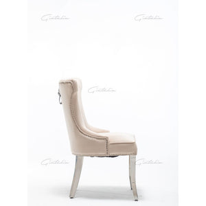 Quilted French Velvet Wing Back Lion Head Knocker Chrome Leg Dining Chair - Cream