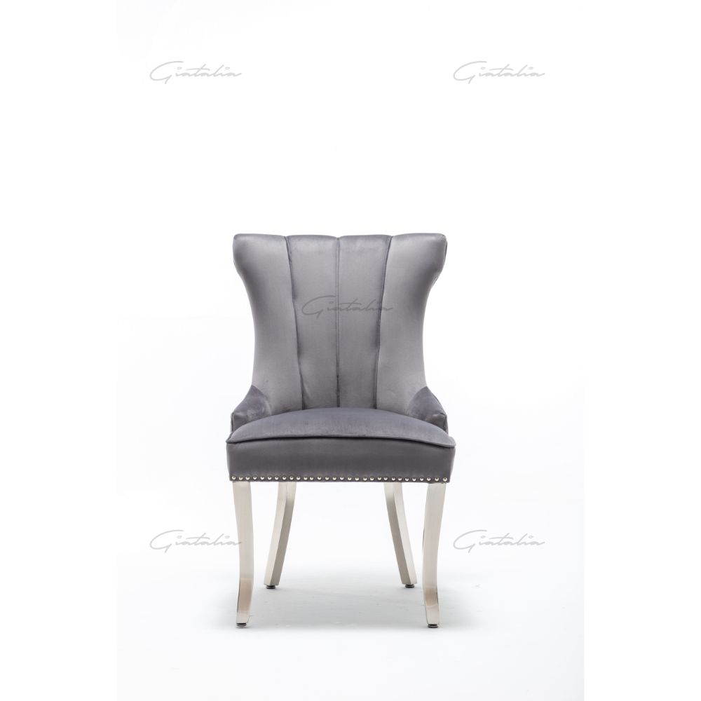 Quilted French Velvet Wing Back Lion Head Knocker Chrome Leg Dining Chair - Dark Grey