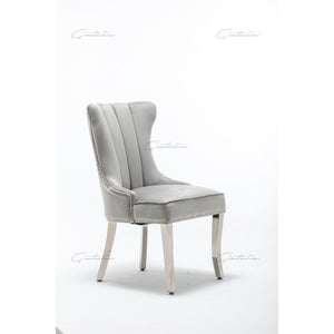 Quilted French Velvet Wing Back Lion Head Knocker Chrome Leg Dining Chair - Light Grey