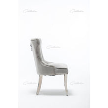 Load image into Gallery viewer, Quilted French Velvet Wing Back Lion Head Knocker Chrome Leg Dining Chair - Light Grey
