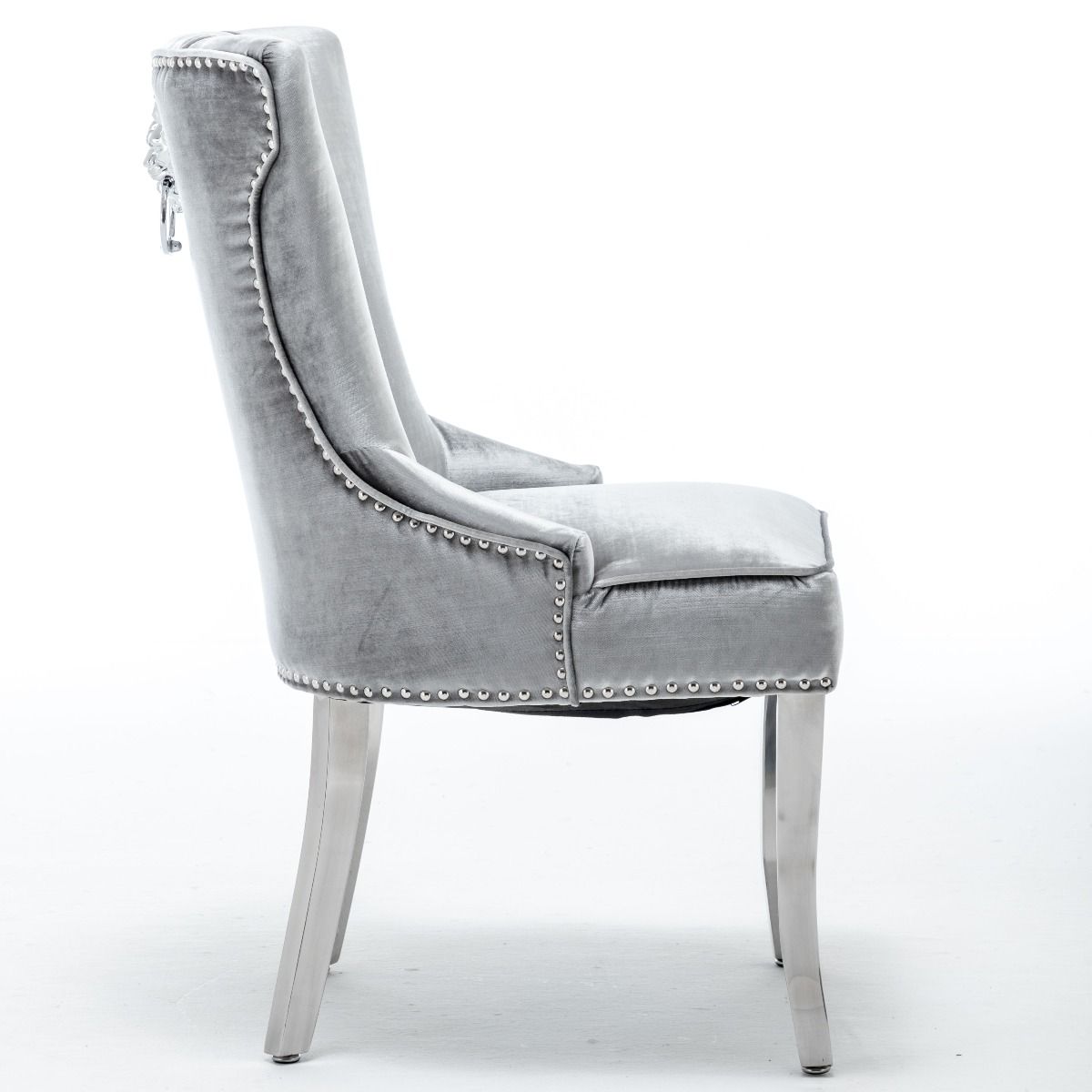 Quilted French Velvet Wing Back Lion Head Knocker Chrome Leg Dining Chair -Silver Shimmer
